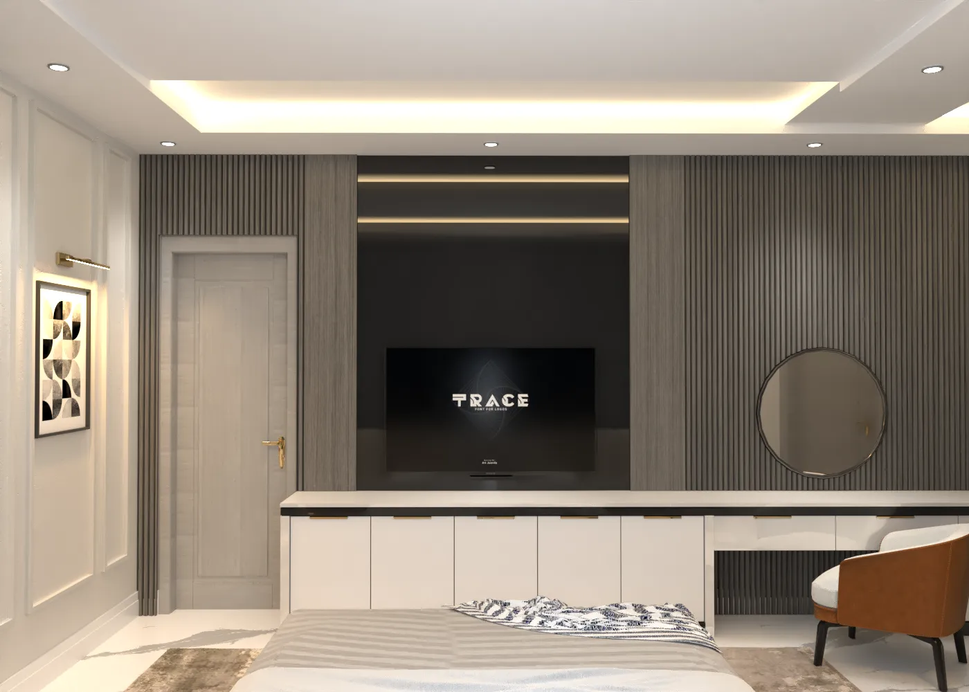 Bedroom interior with custom panelling